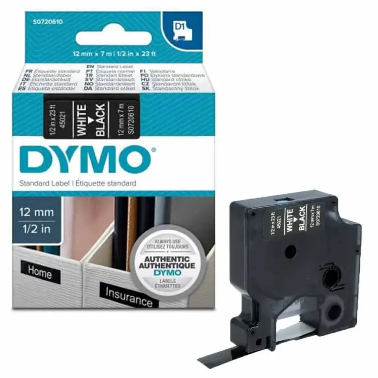 Dymo LabelManager D1 Yedek Şerit 12 mm x 7 Mt Siyah Beyaz 45021 - 1