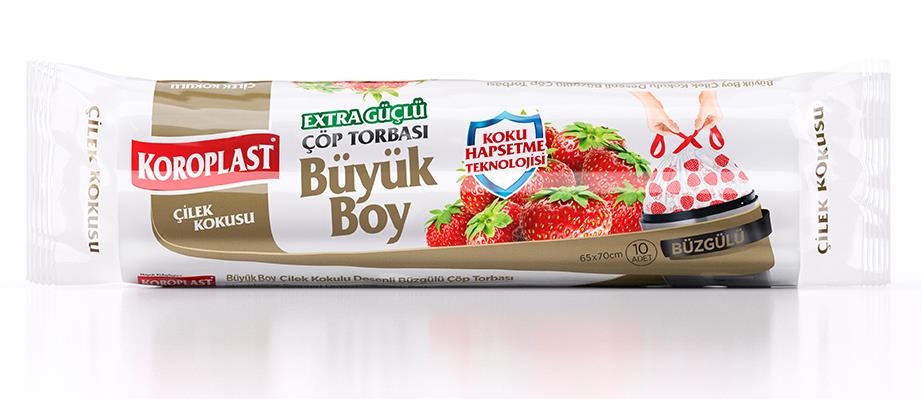 Koroplast Ekstra Güçlü Çilek Kokulu Büzgülü Büyük Boy Çöp Torbası 65x70 Cm 10 Lu