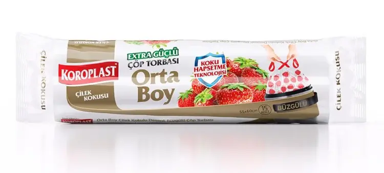 Koroplast Ekstra Güçlü Çilek Kokulu Büzgülü Orta Boy Çöp Torbası 55x60 Cm 15 Li - 1