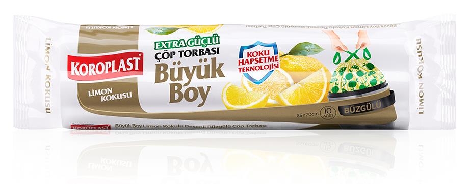 Koroplast Ekstra Güçlü Limon Kokulu Büzgülü Büyük Boy Çöp Torbası 65x70 Cm 10 Lu