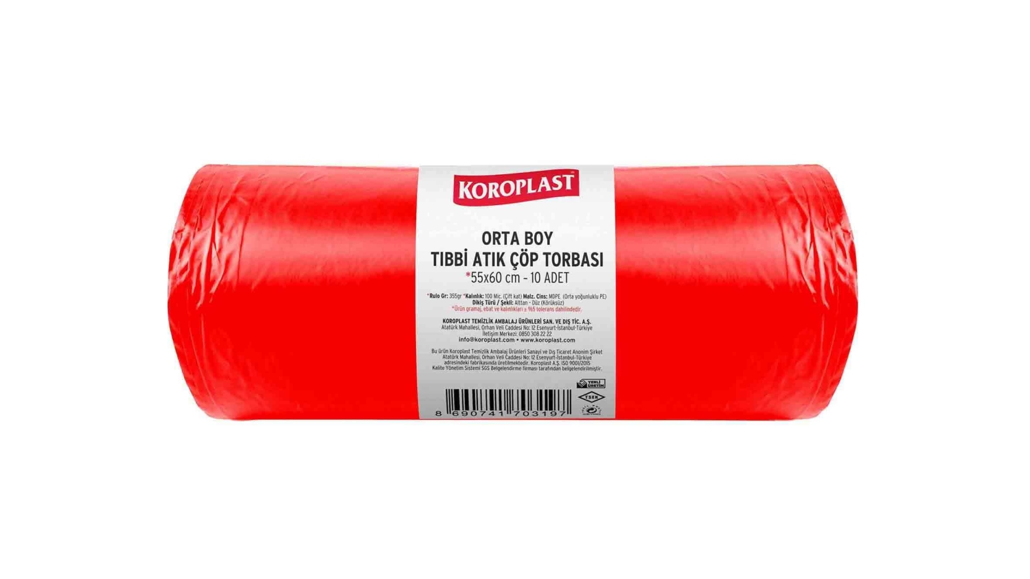 Koroplast Tıbbi Atık Baskılı Çöp Torbası Orta 55x60 Cm Kırmızı 355 Gr 10 Lu 20 Rulo