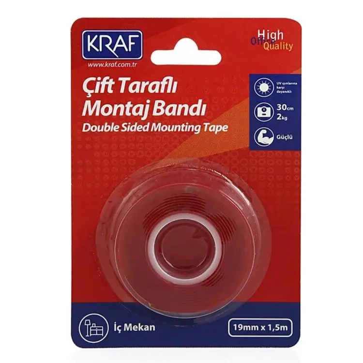 Kraf Montaj Bandı Çift Taraflı Extra Güçlü İç Mekan 19mmx1.5m 2530G - Kraf