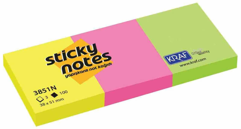 Kraf Yapışkanlı Not Kağıdı 38x51 Neon 3851N 3 Lü 100 Yaprak